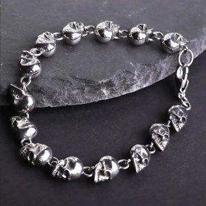 14K White Gold Chain Link Womens Skull Bracelet 14 Karat Silver Skulls Jewelry